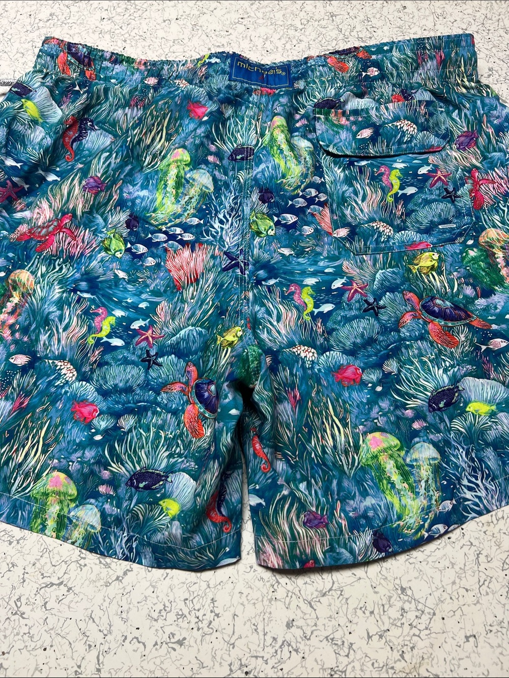 Michaels Teal Ocean Print Swim Shorts with Yellow Logo